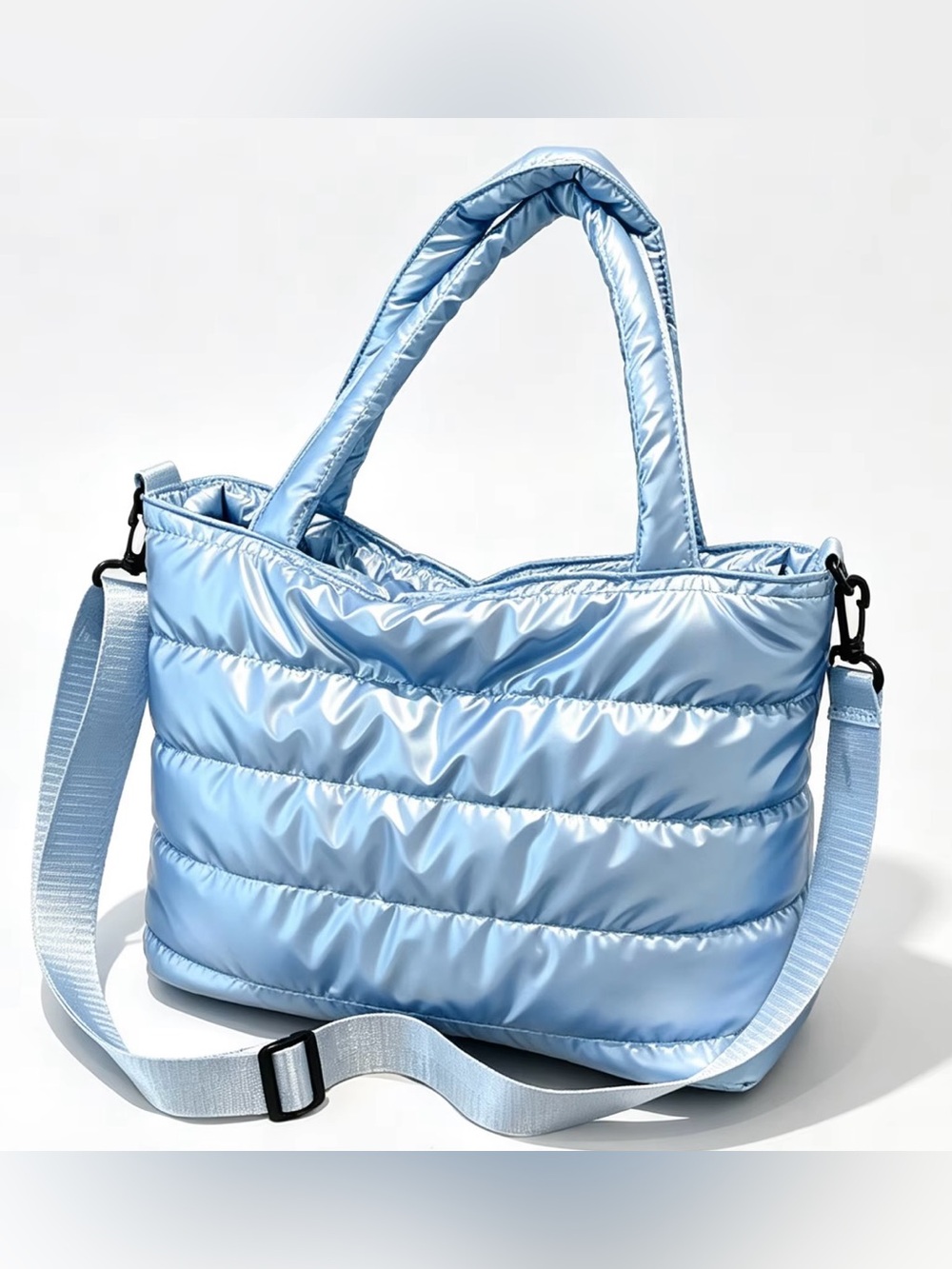 Light Blue Quilted Puffer Tote Bag with Removable Strap